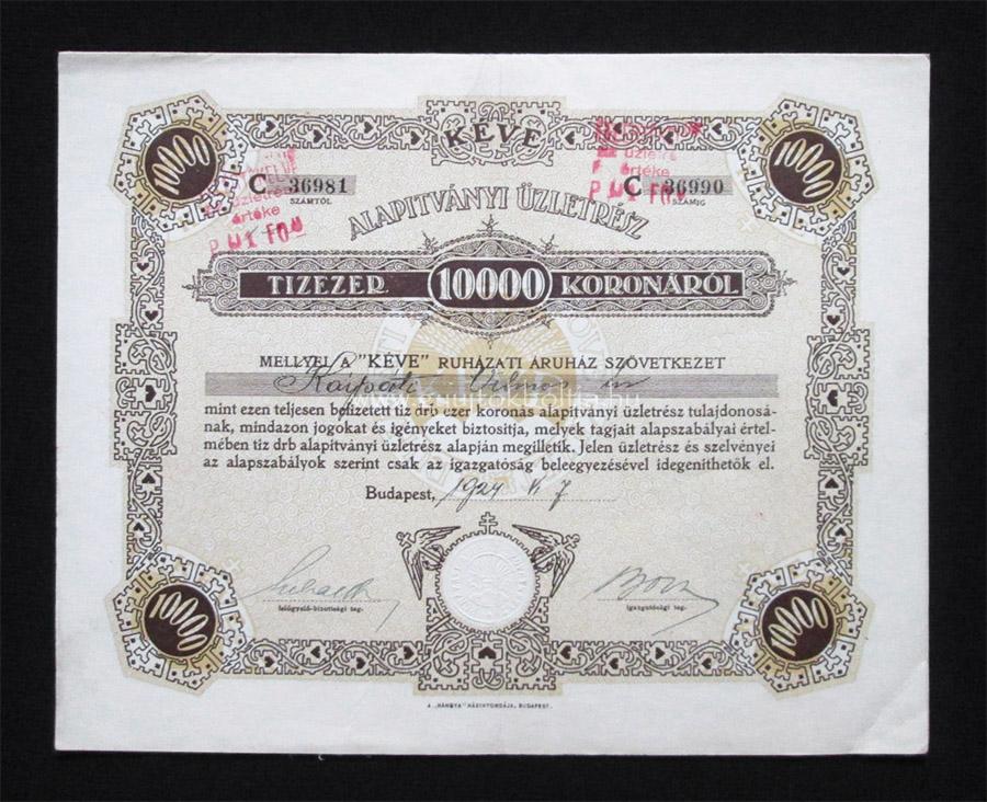 KÉVE Ruházati Áruház Szövetkezet üzletrész 10000 korona 1924